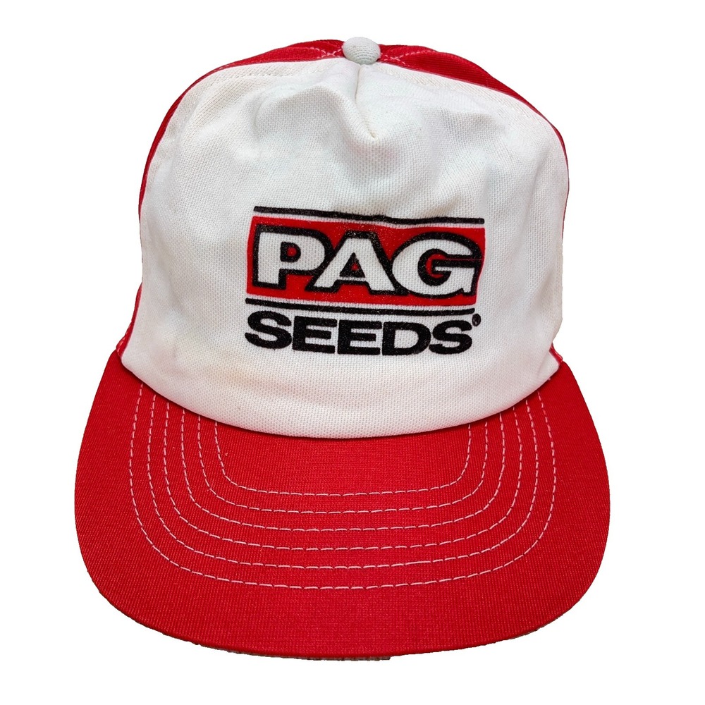 Vintage Pag Seeds Trucker Hat Made In USA 80s Farm Cap Snapback Red White TT